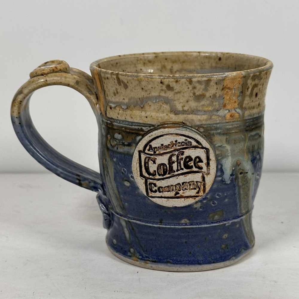 Apalachicola Coffee Company Mug Pottery Handmade Rare Blue‎ Enamel
